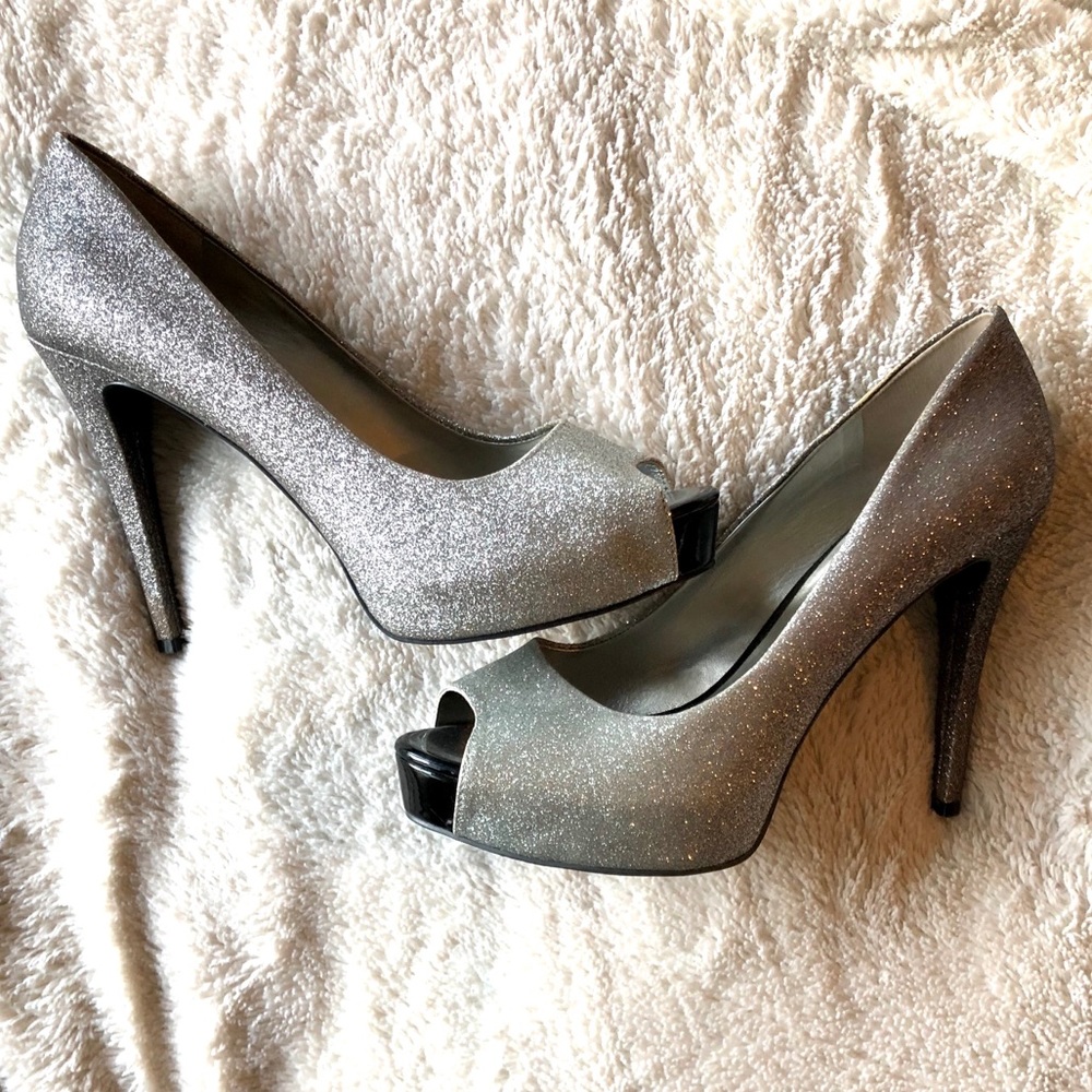 Silver glitter peep toe heels